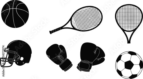 Black and white vector icons of sports equipment including basketball, tennis rackets, football helmet, boxing gloves, and soccer ball silhouettes for design use.