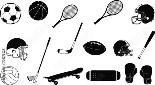 Black and white vector illustration of sports equipment icons including soccer ball, basketball, tennis rackets, helmets, hockey sticks, skateboard, and boxing gloves.