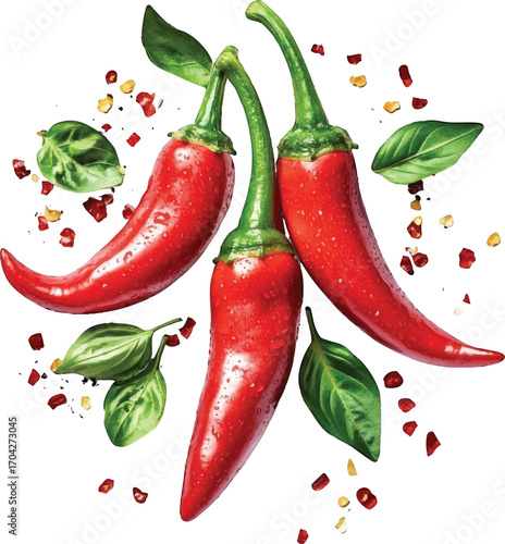 Three Red Chili Peppers with Water Droplets Surrounded by Basil Leaves and Chili Flakes red pepper