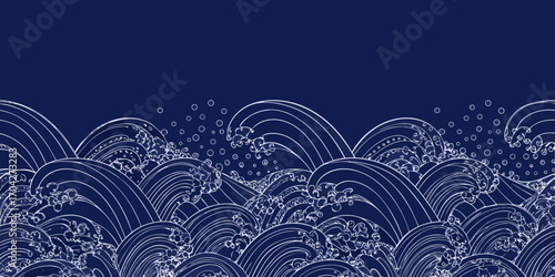 Stylized white line art of crashing ocean waves and bubbles on a deep blue background