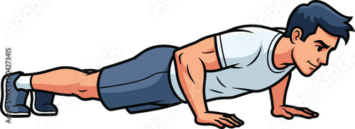 Cartoon man performing pushup exercise, strength training, home workout illustration, fitness routine, bodyweight movement, gym pose, healthy lifestyle vector