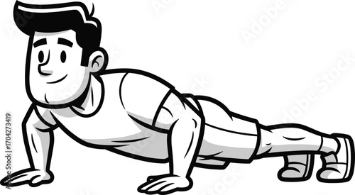 Cartoon man doing pushups with smile, black and white fitness illustration, home workout, bodyweight training, exercise pose, healthy lifestyle