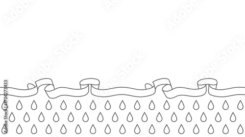 A simple black and white illustration of a ribbon with raindrops falling from it, minimal design art