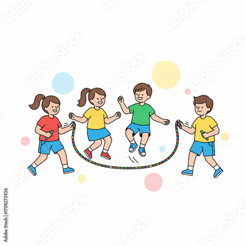 Four kids are having fun with a jump rope. Two are holding the rope and turning it, while two others are jumping in the middle.