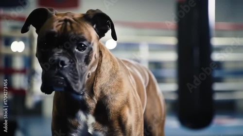 Boxer dog in gym setting