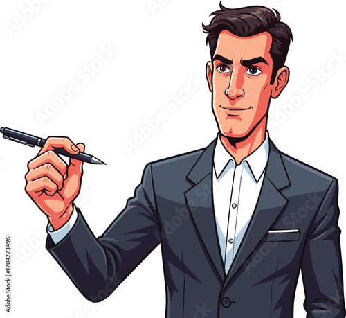 Confident businessman holding pen, professional man in suit, corporate executive presenting, business meeting concept, smart business professional with pen