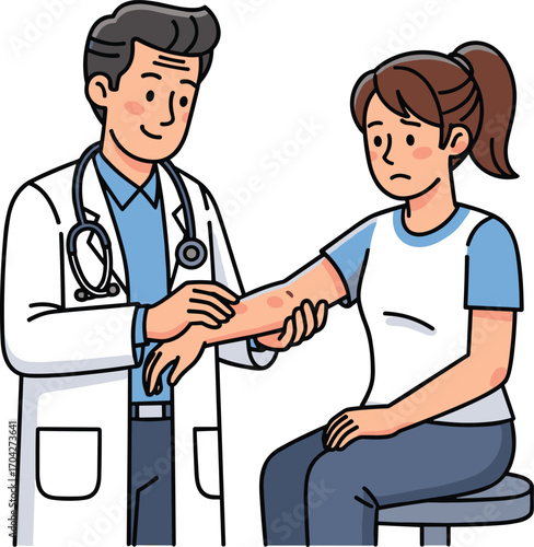 Doctor examining skin rash on patient arm, cartoon medical illustration, dermatology checkup, healthcare consultation, allergy diagnosis, hospital visit