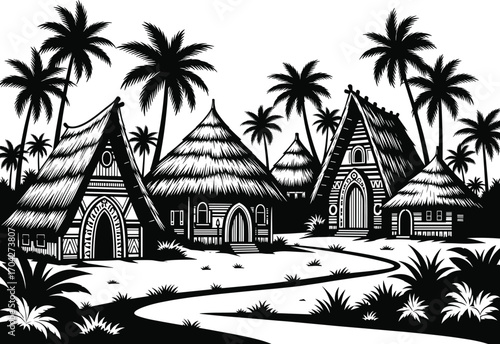 Traditional tribal village huts vector illustration with palm trees, tropical landscape, ethnic thatched houses, cultural heritage scene, rural settlement design in black and white