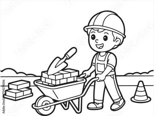Kid with wheelbarrow and trowel construction coloring activity sheet