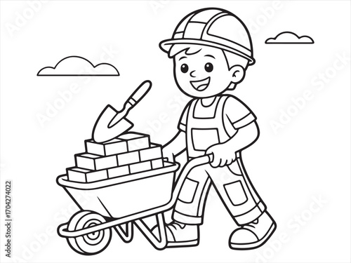 Happy child builder carrying bricks outline drawing for printable coloring
