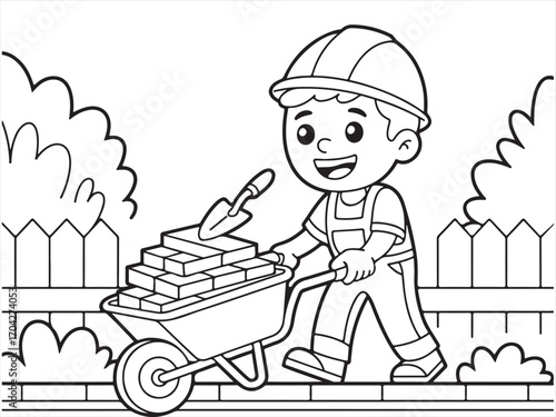 Cartoon construction worker boy coloring page with hard hat, wheelbarrow full of bricks, and trowel, black and white line art illustration for kids fun activity and educational printable sheet