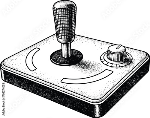 Vintage joystick controller illustration, retro gaming device drawing, old arcade style input device, black and white vector artwork
