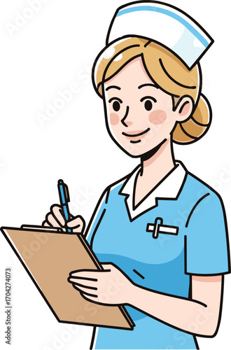 Smiling cartoon nurse holding clipboard, writing medical notes, hospital uniform, healthcare worker illustration, medical documentation concept, professional character art