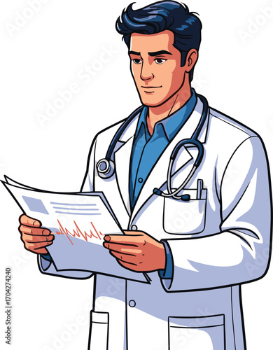 Young male doctor wearing white coat, holding medical report, stethoscope around neck, professional healthcare worker, serious expression, isolated white background