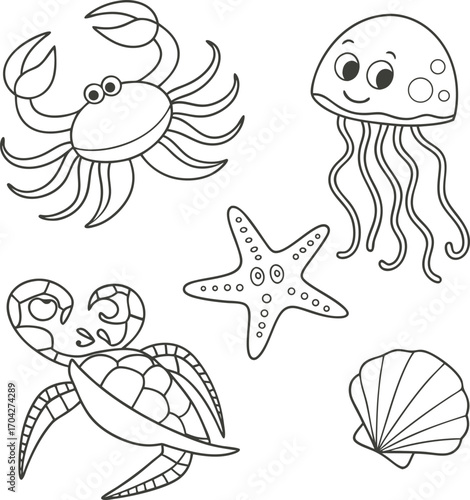Hand Drown Sea Animal Vector illustration Silhouette
