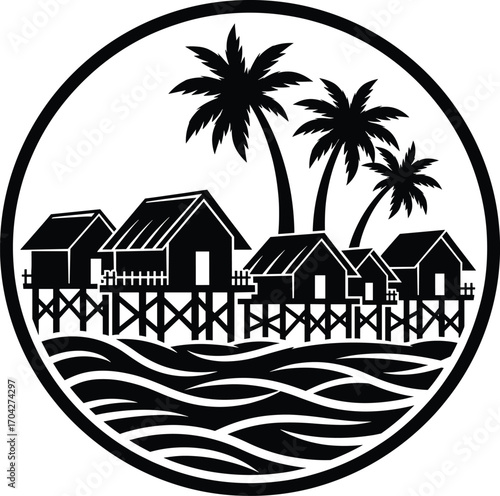 Tropical Waterfront Village with Wooden Huts on Stilts and Palm Trees, Circular Island Scene Logo for Resort, Travel, Culture, or Nature Concepts