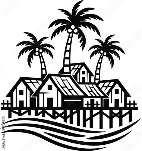 Tropical Stilt Houses with Palm Trees on Island Shoreline, Beachfront Coastal Village Logo for Travel, Vacation Resort, Nature, or Cultural Illustration Use