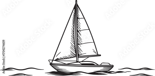 Sailboat Illustration on Water with Waves for Nautical Themes and Maritime Design Projects