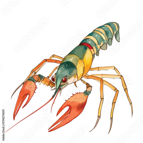 Vivid Crayfish Watercolor Illustration Aquatic Creature with Striking Claws and Colorful Shell