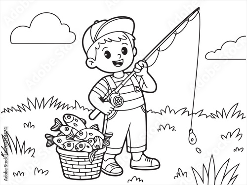 Little fisherman cartoon character with rod and fish outline illustration