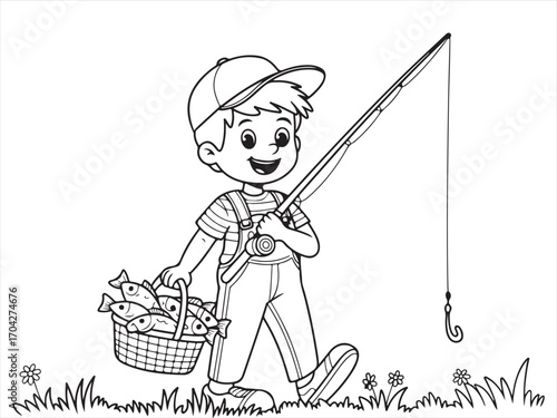 Kids outdoor activity fishing coloring page black and white sketch