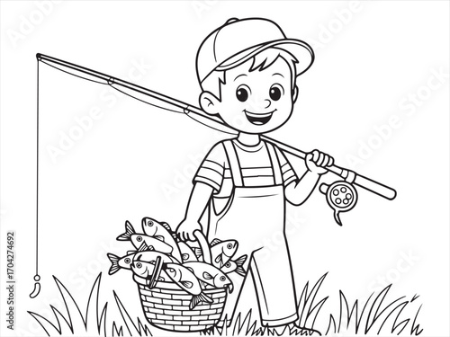 Smiling boy with basket of fish doodle outline for printable coloring sheet