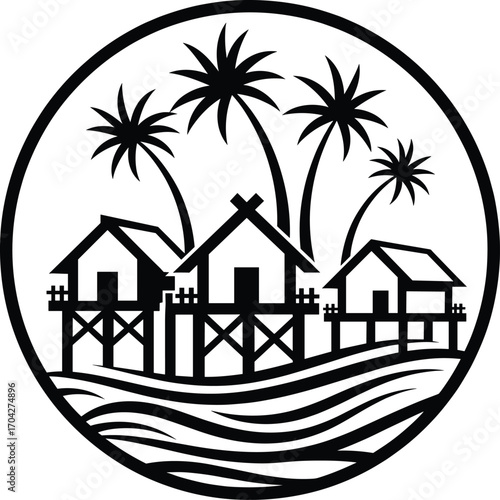 Tropical Island Village with Stilt Huts and Palm Trees in Circular Frame, Coastal Scene Logo Design for Travel, Resort, Culture, or Nature Themes