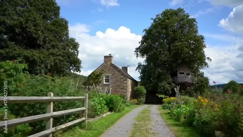 Rural house and treehouse along gravel road under cloudy blue sky