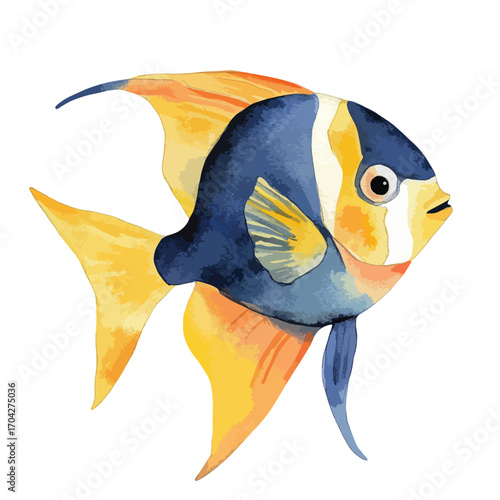 Watercolor Angelfish with Striking Blue Yellow and Orange Hues