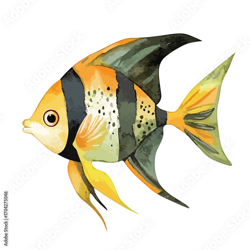 Watercolor Angelfish with Striking Coloration and Unique Fin Shapes