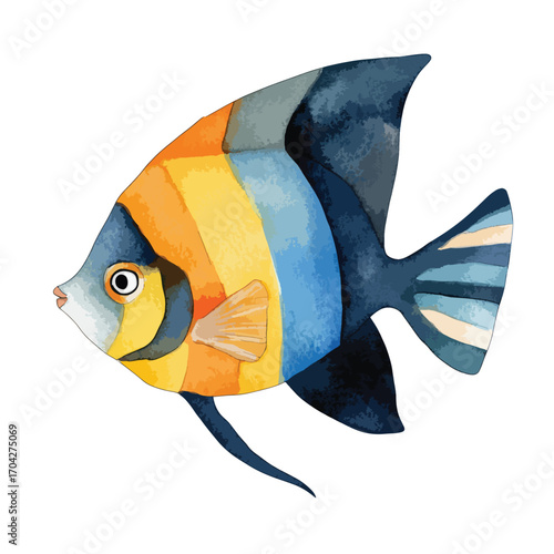 Watercolor Angelfish with Vibrant Striped Body and Detailed Fins