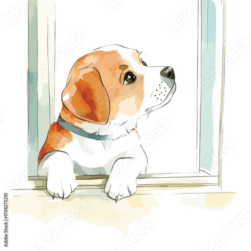 Watercolor Beagle Puppy Gazing Out Window with Curious Expression