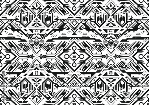 Intricate Black and White Geometric Aztec Pattern, Seamless Ethnic Tribal Design, Bold Abstract Background, Decorative Graphic Motif for Textiles and Art