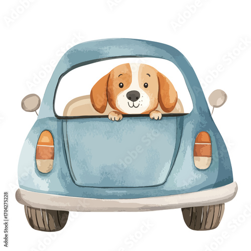 Watercolor Beagle Puppy Peeking from Vintage Blue Car
