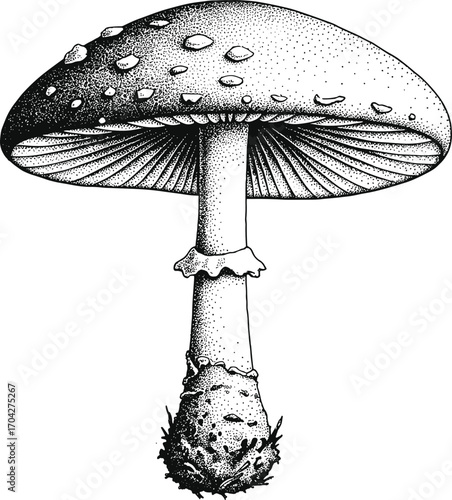 Detailed mushroom illustration, Amanita muscaria drawing, vintage fungi art, black and white botanical print, forest nature sketch, edible mushroom design