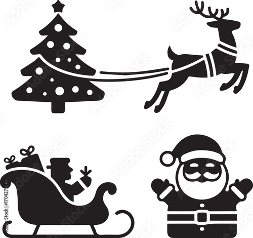 Christmas holiday icons santa sleigh reindeer and tree silhouettes for festive design