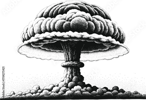 Nuclear explosion illustration, mushroom cloud drawing, black and white detailed artwork, atomic bomb blast, vintage war sketch, dramatic explosion art