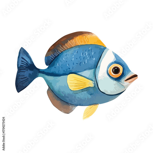 Watercolor Blue Fish with Yellow Fins and Dorsal Fin