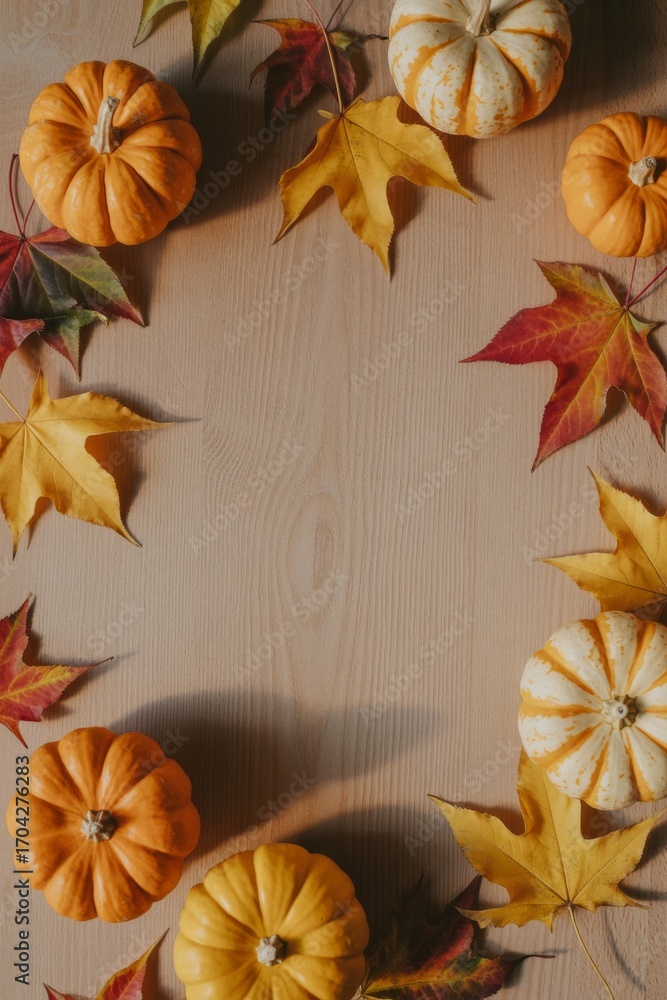 Fototapeta premium A wooden table with a pumpkin and a few leaves. The pumpkin is orange and the leaves are yellow