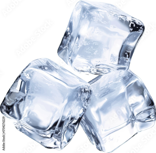 Three Transparent Ice Cubes Stacked in a Cluster on a White Background frozen water