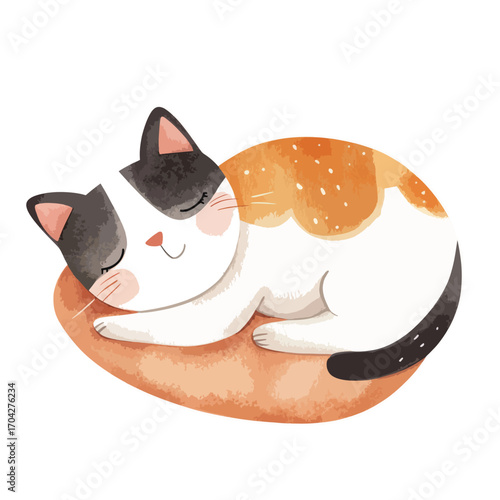 Watercolor Calico Cat Curled Up Asleep on a Round Orange Cushion