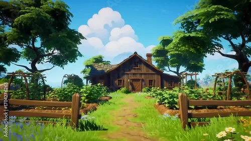 Rural house in a green landscape with trees and a clear sky