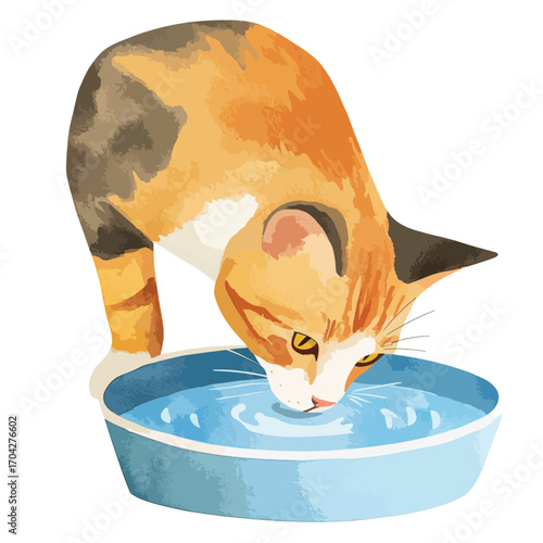 Watercolor Calico Cat Drinking from a Blue Bowl