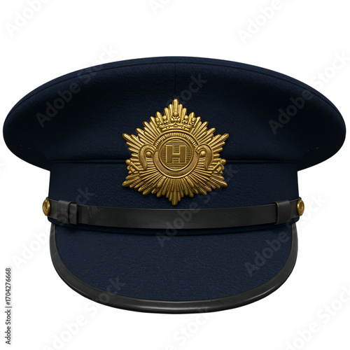navy blue military hat with gold emblem on transparent background