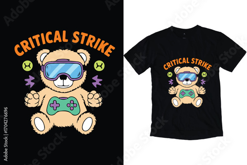 Cute Gamer Bear Critical Gaming Illustration T-shirt Vector design.