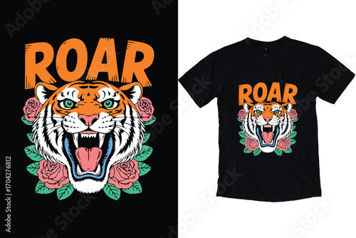 Roaring Tiger Head with Roses – Bold Vintage Style Illustration tshirt desing