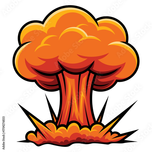 Mushroom cloud explosion vector, atomic bomb cartoon illustration with fire blast and smoke, isolated EPS design for danger and war concept