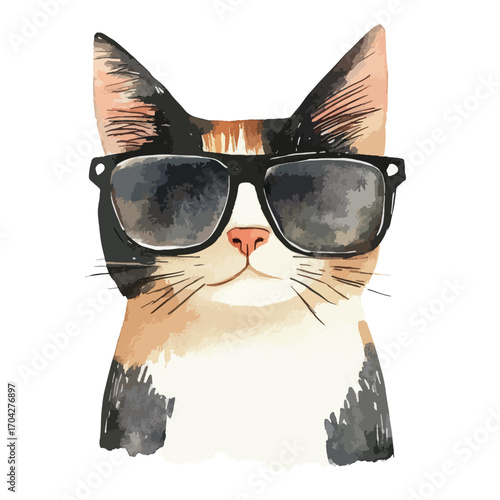 Watercolor Calico Cat Portrait Wearing Sunglasses