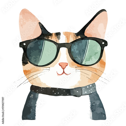 Watercolor Calico Cat Portrait with Sunglasses and Polka Dot Scarf