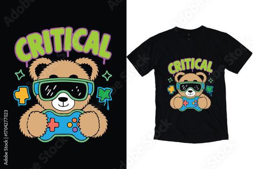 Cute Gamer Bear Critical Gaming Illustration T-shirt Vector design.
